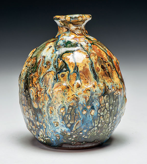 10 Sake/Wine Pourer/Tokkuri, 5 in. (13 cm) in height, Oni-glazed with 10 glazes (application methods included dipping, pouring, brushing, trailing, and spraying); dry shakings of wood ash, volcanic ash, colorants, fluxes, and frits; reduction fired in a gas kiln to cone 9–10.