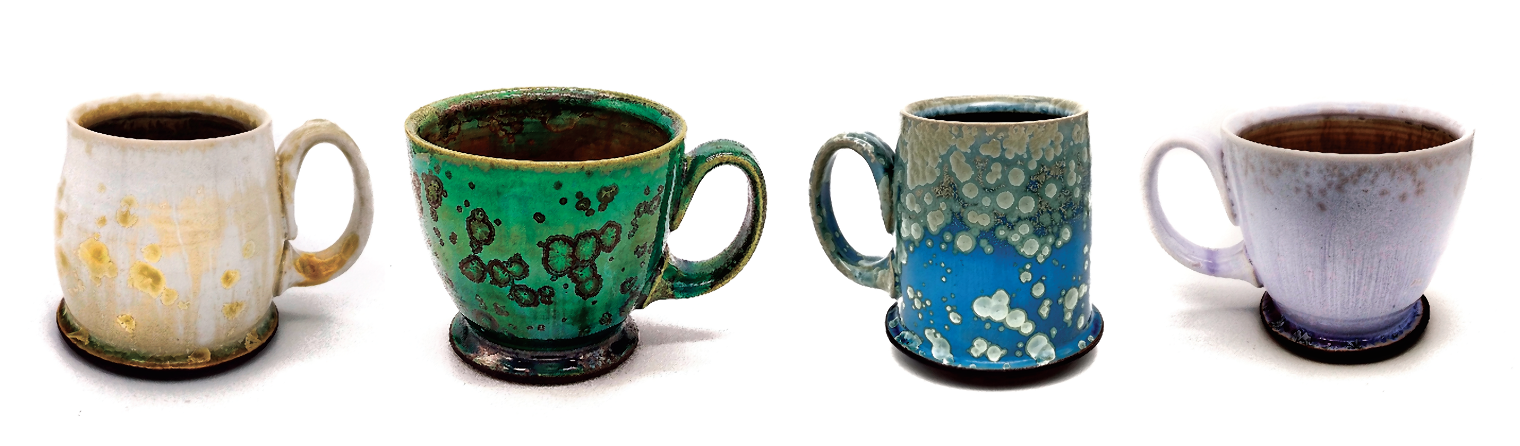 3 From left to right: The same crystalline base glaze but with 8% rutile (for gold), 4.5% copper oxide (for green), 2% cobalt oxide (for blue) (also placed in an acid bath post firing), and 7.5% neodymium (for lavender).