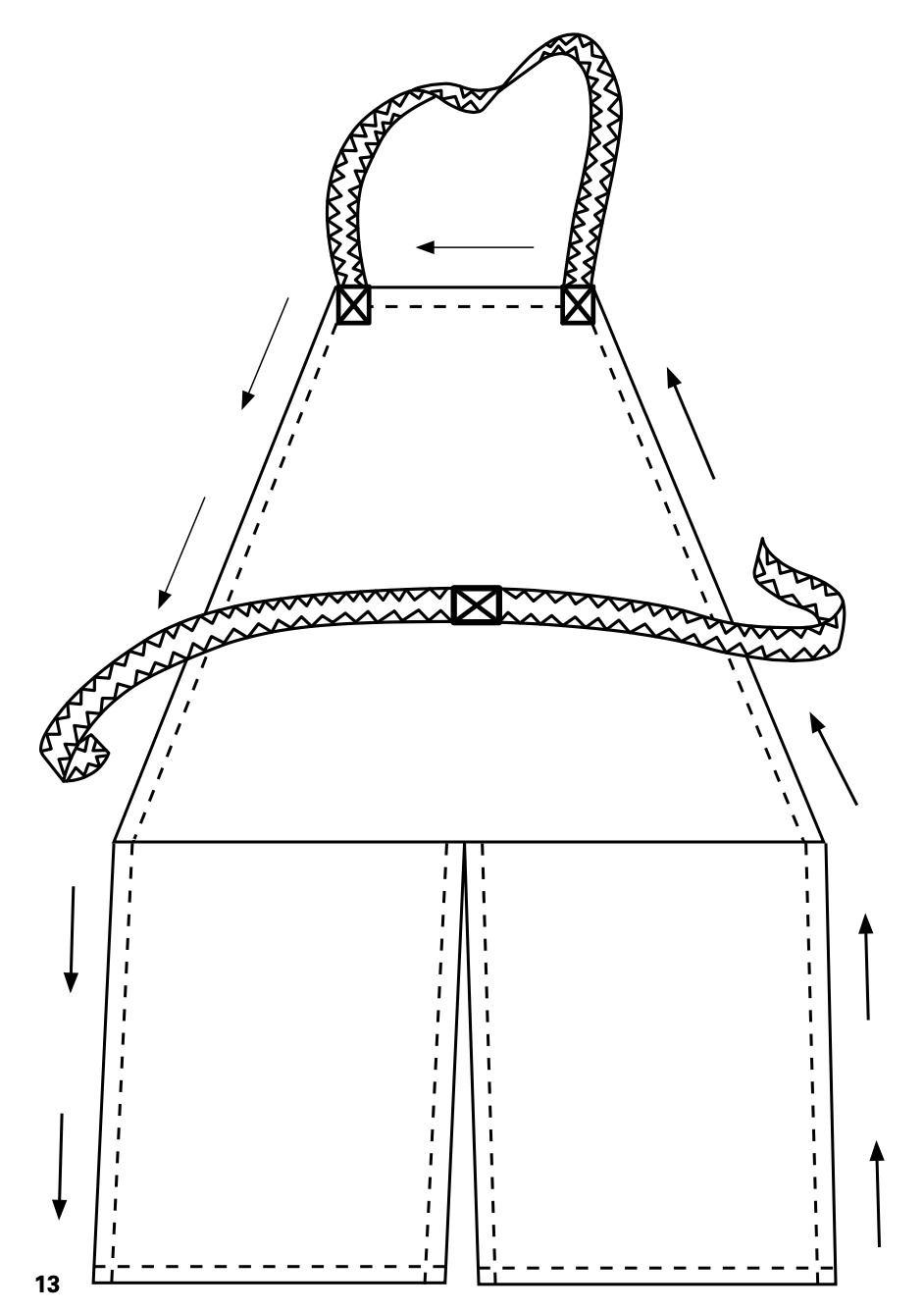 13 Follow the arrows with the double fold and double stitch shown in figure 12A. Use a zigzag stitch on the belt and neck.