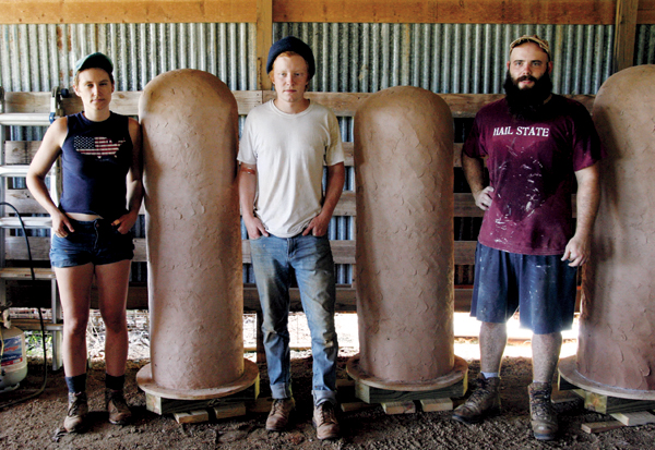 Three of Daniel Johnston’s apprentices, from left to right: Natalie Novak, Charlie Hayes, and Jacob Craig, August 2018. 