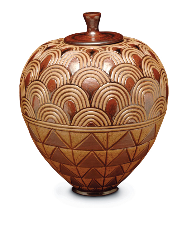 7 Storage jar, 15 in. (38 cm) in height, carved stoneware, 2004. Photo: Brantley Carrol.