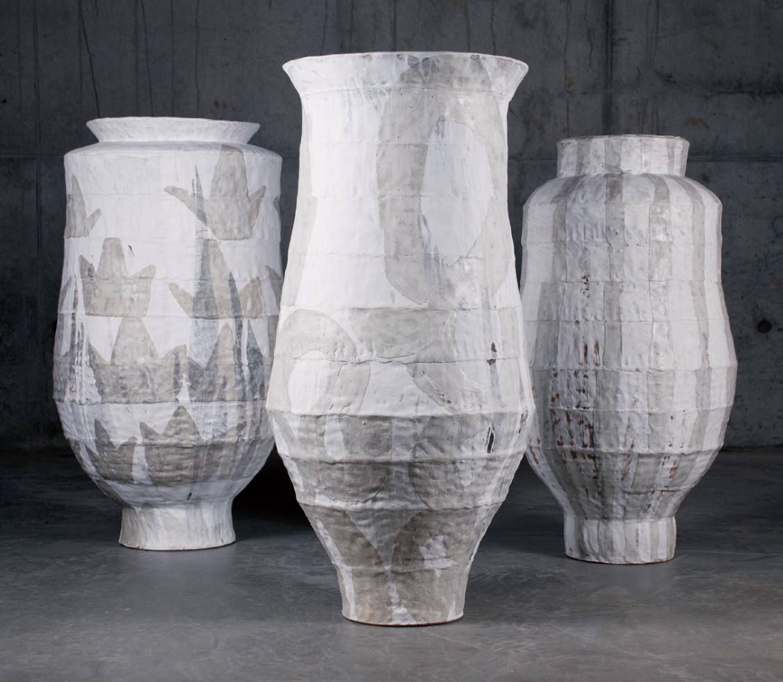 2 Dryden Wells’ Segmented Drawing Series, to 38 in. (97 cm) in height, stoneware, slip, glaze, 2021. 
