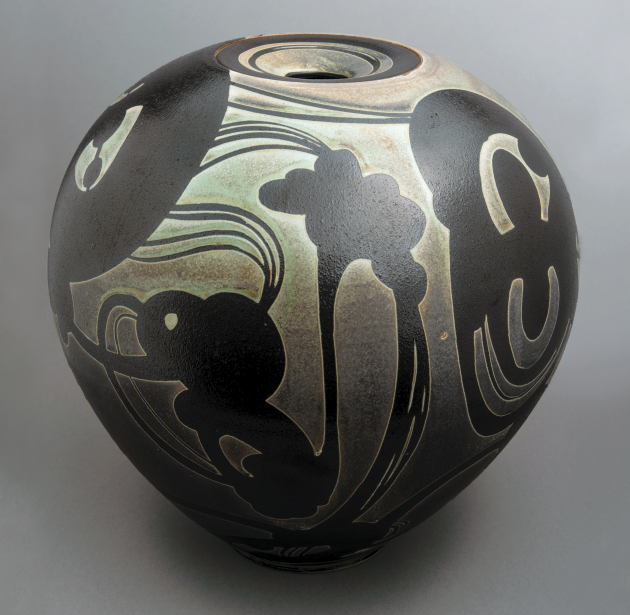 9 Inset-lid jar, stoneware, slips, glazes, soda fired.