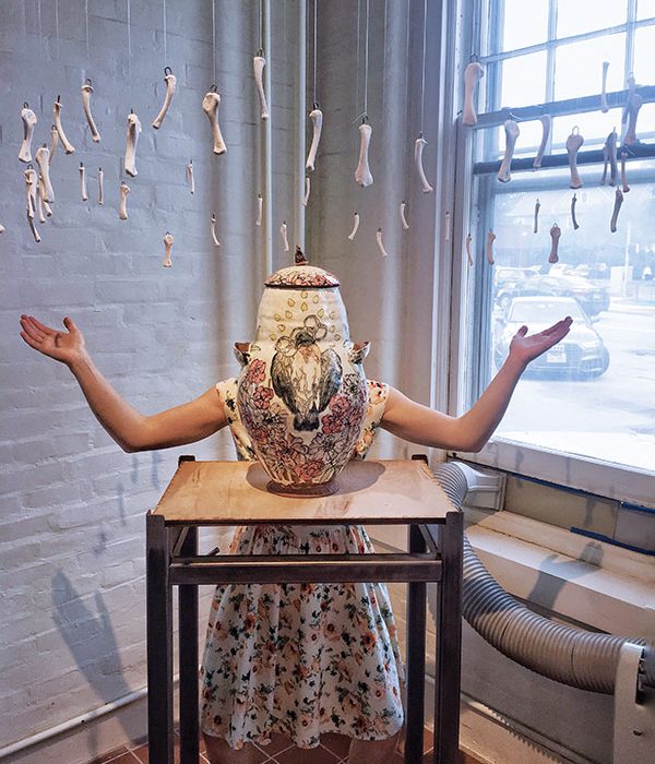 5 Don’t Forget to Cut Your 6-Pack Rings, installation view with Lane Chapman, mid-range red stoneware, colored slips, underglazes, fired to cone 6 in an electric kiln, 2019.