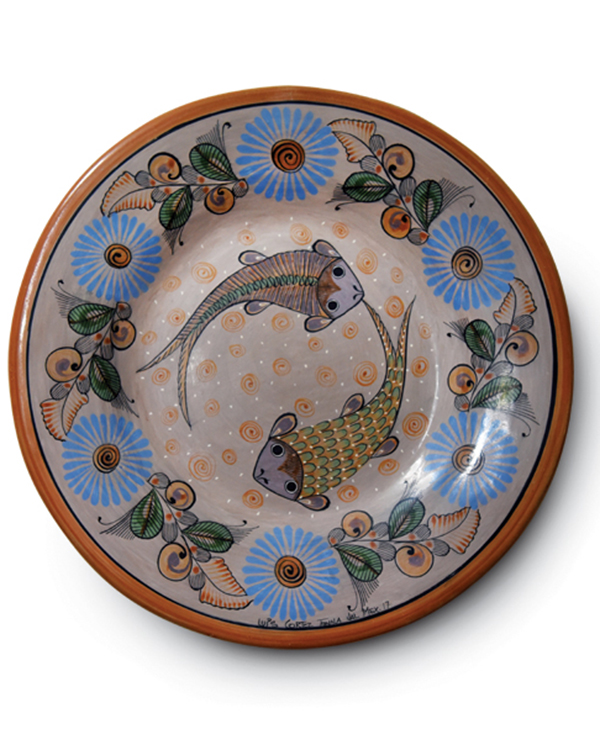 2 Plate, 12 in. (30 cm) in diameter, local clay and slip, colorants, stains, burnishing. 