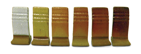 3 The Visual Arts Center Shino base recipe, with incremental additions of red-iron oxide (0–5%) for increased color.