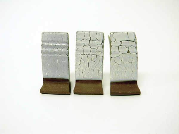 1 The base Visual Arts Center Shino recipe, with incremental glaze thickness and the corresponding patterning and crawling. Tile A dipped once; tile B dipped twice; C dipped three times.