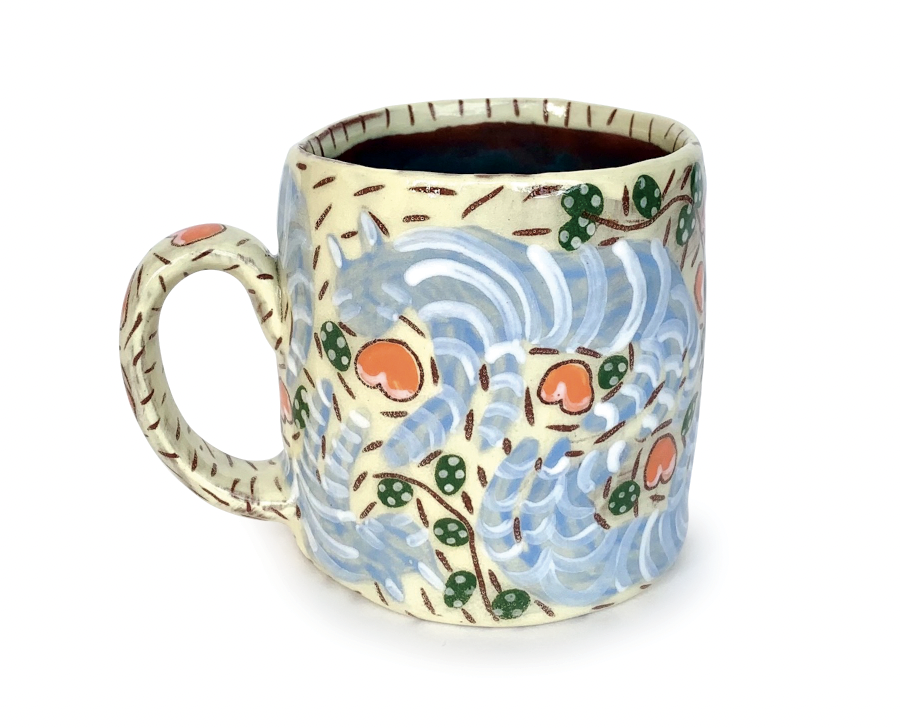 2 Tiger Mug, 4¼ in. (11 cm) in height, handbuilt earthenware, fired to cone 04, 2021.