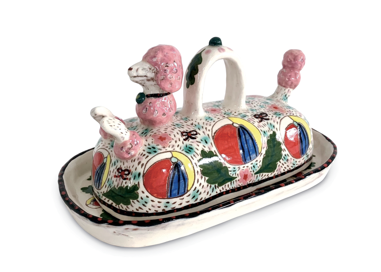 1 Poodle Butter Dish, 7 in. (18 cm) in length, handbuilt earthenware, fired to cone 04, 2020. 