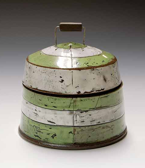 4 Green and White Striped Jar, 4½ in. (11 cm) in height, dark-brown stoneware with monoprint slip transfer, fired to cone 5 in oxidation, 2022. 