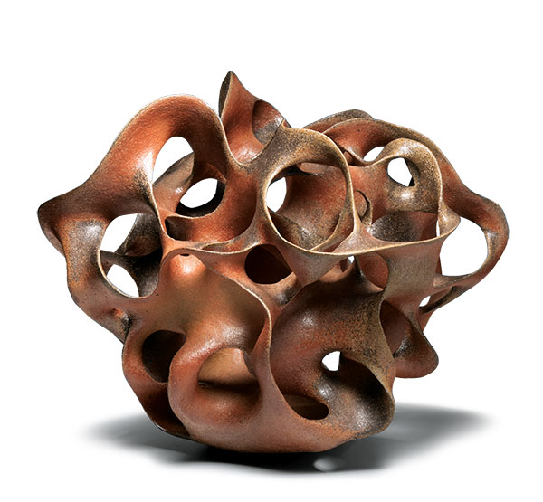 2 Kurokawa Tōru’s Protocell-E, 25 in. (64 cm) in length, stoneware, natural-ash glaze, 2016.  1, 2 Collection of Carol and Jeffrey Horvitz. 