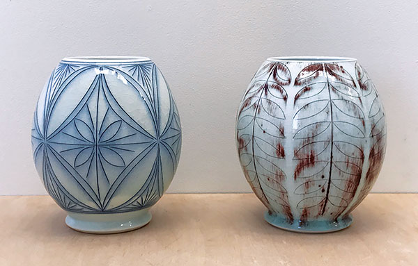 1 Steven Young Lee’s vases, 9½ in. (24 cm) in height, wheel-thrown porcelain, cobalt and copper inlay, fired to cone 10 in reduction, 2020. 