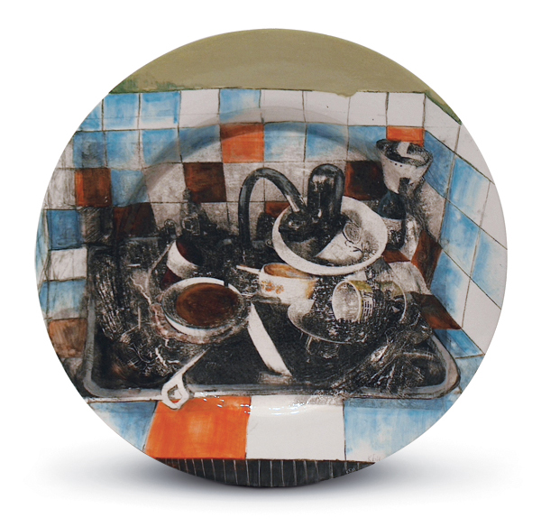 4 Kristina Bogdanov’s Dirty Dishes, 14 in. (30 cm) in height, slip-cast ceramic with image transfer, underglazes. 