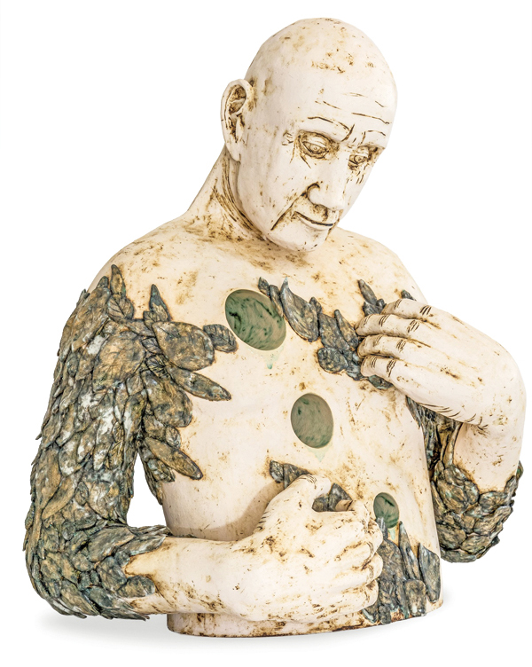 2 Jim Bowling’s (W)hole, 18 in. (46 cm) in height, stoneware, underglaze, glaze, gunmetal wash. 