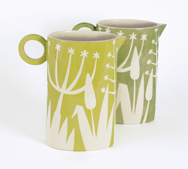 1 Ken Eardley’s jugs, handbuilt earthenware, glaze, meadow-design stencils. 