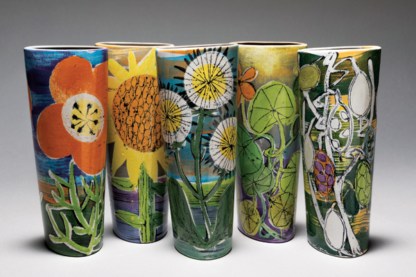 3 Lisa Katzenstein’s Small Twist Shaped Floral Vases, 8½ in. (22 cm) in height, hand-painted earthenware. Photo: Alex Brattell.