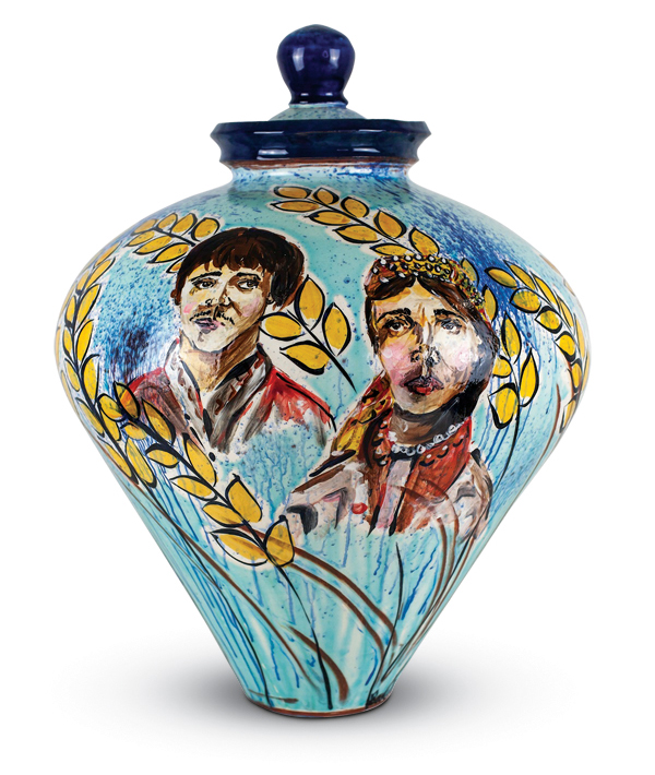 3 Sasha Barrett’s lidded vase, 20 in. (51 cm) in height, earthenware, underglazes, glazes, fired to cone 04 in an electric kiln. 