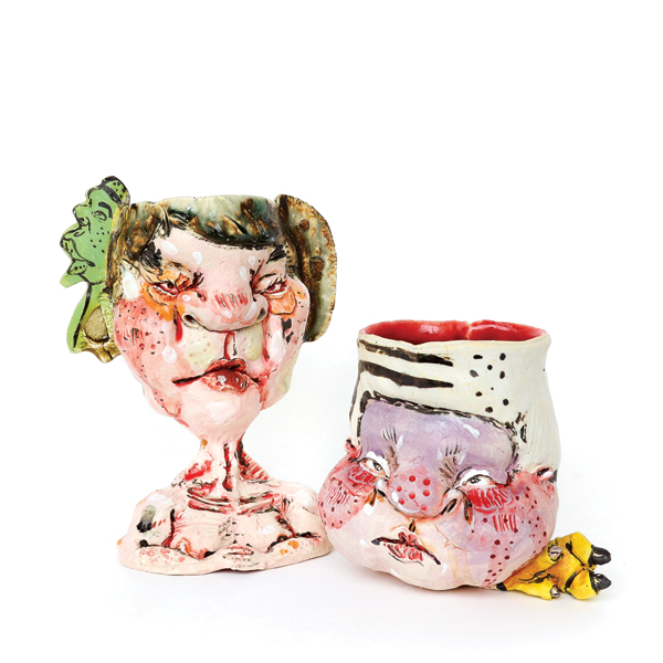 1 Sami Tsang’s stemmed cup and cup, to 6½ in. (17 cm) in height, white stoneware, glazes, underglazes, fired to cone 6 in an electric kiln.