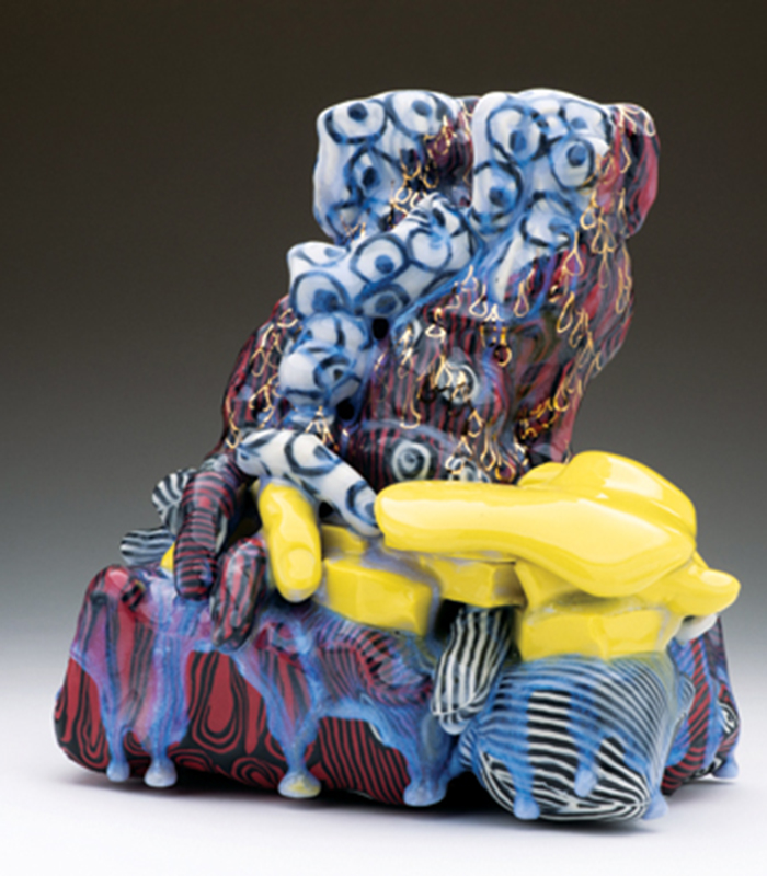 2 Katherine Taylor’s East Texas 2, 10¾ in. (27 cm) in height, colored porcelain, glaze, gold luster, 2021. 