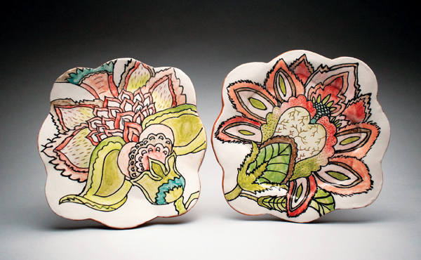 1 Kimberly Hilligoss’ Jacobean Plates, 8½ in. (22 cm) in height, earthenware, white slip, underglaze, 2021. 