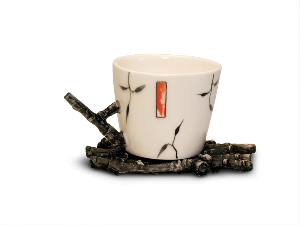 1 Mindy Andrews’ twig espresso cup and saucer, 4 in. (10 cm) in length, hand-painted porcelain, 2015.