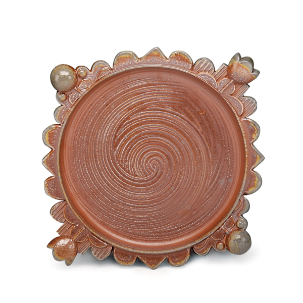 1 Pete Scherzer’s plate, 13 in. (33 cm) in height, wheel-thrown and handbuilt stoneware, slip, wood fired to cone 10. 