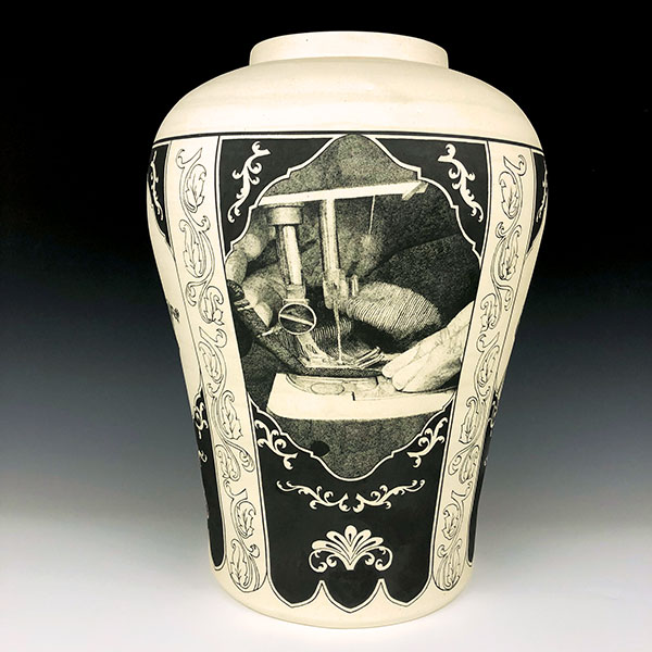 4 Honoring Textile Labor (Sewing Machine), 23 in. (58 cm) in height, porcelain and hand-painted underglaze, 2020. 