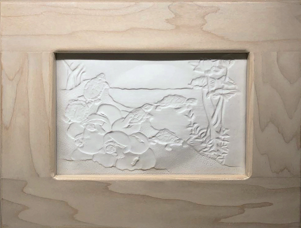 3 Framed Turtle Landscape Lithophane with LED light panel behind it. Note: bowed out center creates the rainbow over the pond when lights are on. Photo: Ann Woodard.