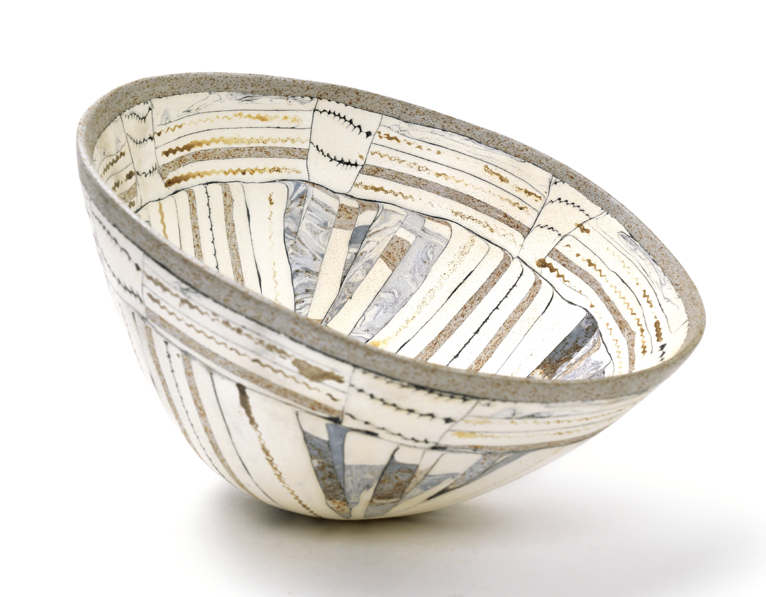 1 Tilted Bowl #27, 9¾ in. (25 cm) in diameter, grogged nerikomi porcelain, fired to 1915°F (1046°C),  2021. 