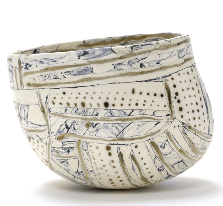 6 Head Bowl #56, 5 in. (13 cm) in width, grogged nerikomi porcelain, fired to 1915°F (1046°C), 2021. 