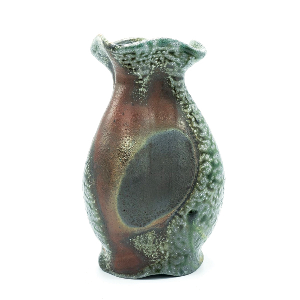 2 Ian Dunton’s altered vase, 9½ in. (24 cm) in height, Darkstar stoneware, natural-ash glaze, celadon liner, wood fired to cone 12, 2021.