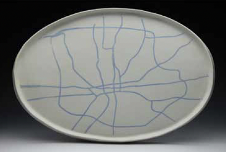 Partake Columbus : Sharing Set for Two (detail), 15 in.  (38 cm) in length, handbuilt porcelain, underglaze, glaze, fired to cone 6  (2232°F) in an electric kiln, leather carrying case made by Brandon Ault of Old Salts Leatherworks, 2015. 