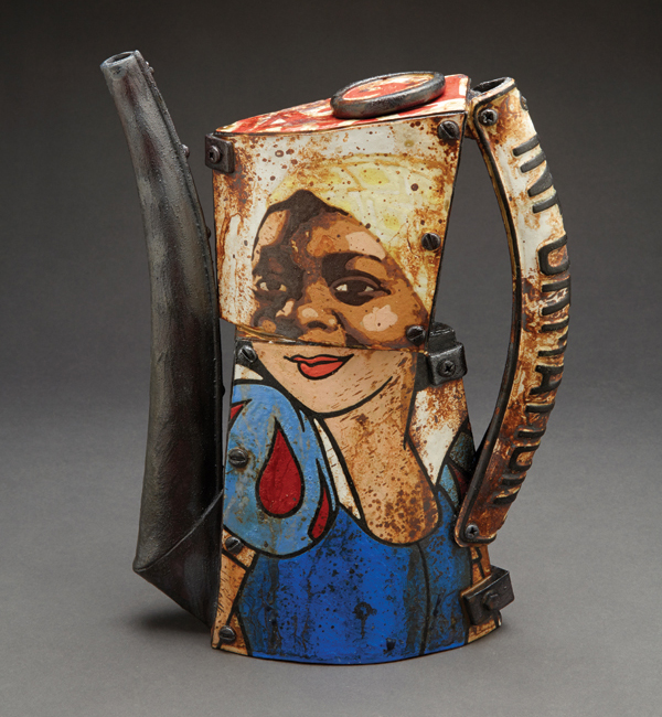 6 Uncle Ben’s Log Cabin, 12½ in. (32 cm) in height, handbuilt stoneware, glazes, underglazes, oxides, washes, fired to cone 8 in oxidation.