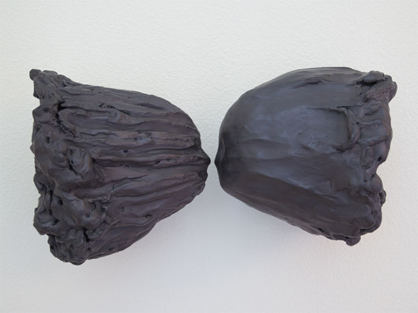 2 Two Winds Sharing Breath, 18 in. (46 cm) in length, handbuilt stoneware, built solid with armature then hollowed out, terra sigillata, once fired to cone 4 in an electric kiln, graphite rubbed on post firing, 2017. 