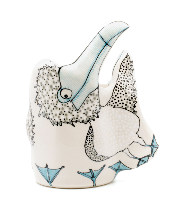 2 Blue Footed Booby Boogie, 7¼ in. (18 cm) in height, porcelain, underglaze, glaze, fired to cone 6 in oxidation, 2022. 