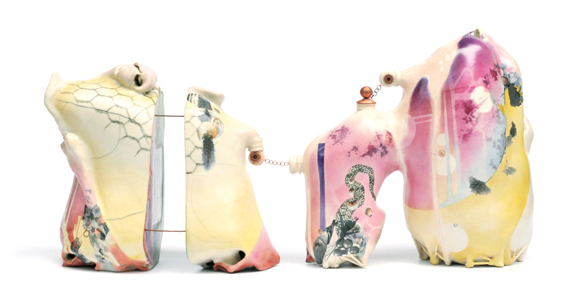 3 Isys Hennigar’s Sap Rising, 30 in. (76 cm) in length, handbuilt and slip-cast stoneware, glaze, china paint, luster, decals, copper, 2021.