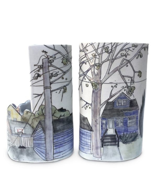 Front Steps Vase Pair, 10 in. (25 cm) in width, porcelain, fired to cone 10 in reduction, 2016.