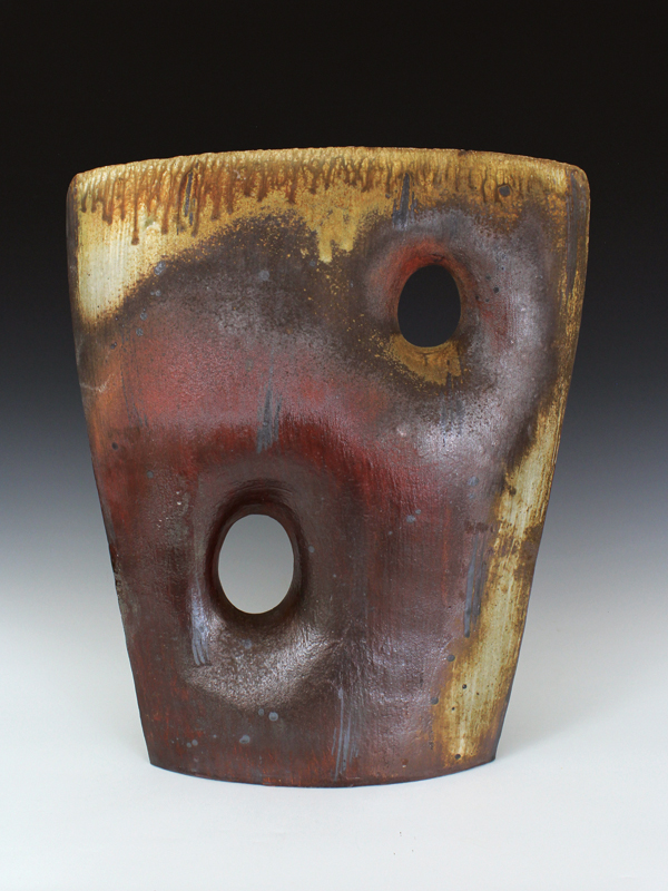 23 Hitomi Shibata’s Seeing the Light Through the Clay Wall, 21 in. (53 cm) in height, handbuilt North Carolina local clay, local clay slips, red iron oxide, wood ash, thin clear glaze, wood fired to cone 11, 2022. Photo: Takuro Shibata.