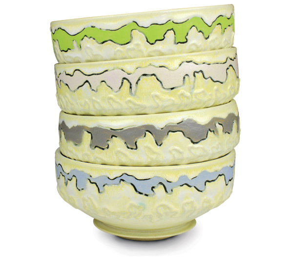 1 Canne Holladay’s bowls, By the curve of the tongue, 6 in. (15 cm) in diameter, wheel-thrown white stoneware, slip, carving, underglaze, fired to cone 6 in an electric kiln, 2016.