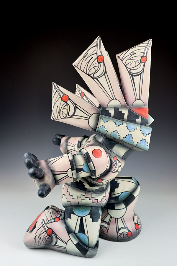 3 Mochica Z, 24 in. (61 cm) in height, ceramics, underglazes, clear glaze, fired to cone 6, 2020–2021. 