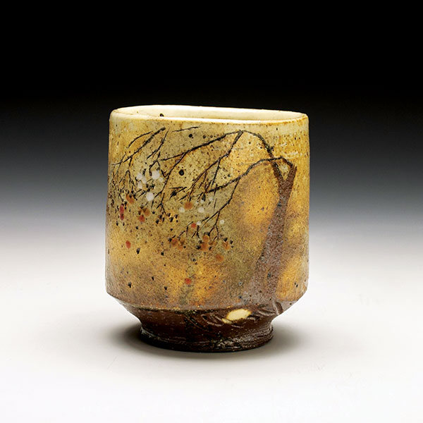 6 Teacup, 3½ in. (9 cm) in height, wheel-thrown stoneware, white slip, clear and multiple colored glazes, reduction fired to cone 10 in a gas kiln.