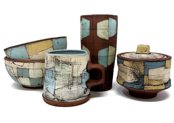 1 Bowls, mug, tumbler, and jar, red clay, colored terra sigillata, underglaze, glaze, fired in an electric kiln to cone 4.