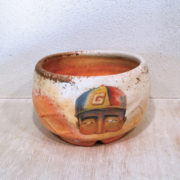 8 Japanese Baseball Card Teabowl, 4 in. (10 cm) in height, wheel-thrown porcelain, Tom’s Shino glaze, wood fired to cone 10, decal fired to cone 017.