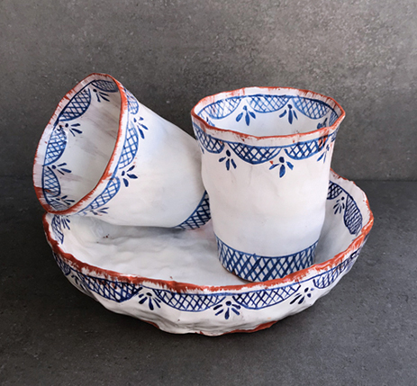 7 Plate and tumblers, to 8 in. (20 cm) in diameter, pinched and slab-built red clay, underglaze, clear glaze, fired to cone 05, 2022. 