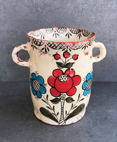 5 Vase, 6 in. (15 cm) in height, slab-built red clay, underglaze, clear glaze, fired to cone 05, 2022. 