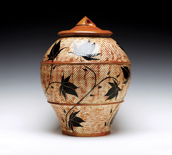 3 Jar, 18 in. (46 cm) in height, soda-fired stoneware, post-fired glass enamels, 2019. Photo: Schaller Gallery (schallergallery.com).