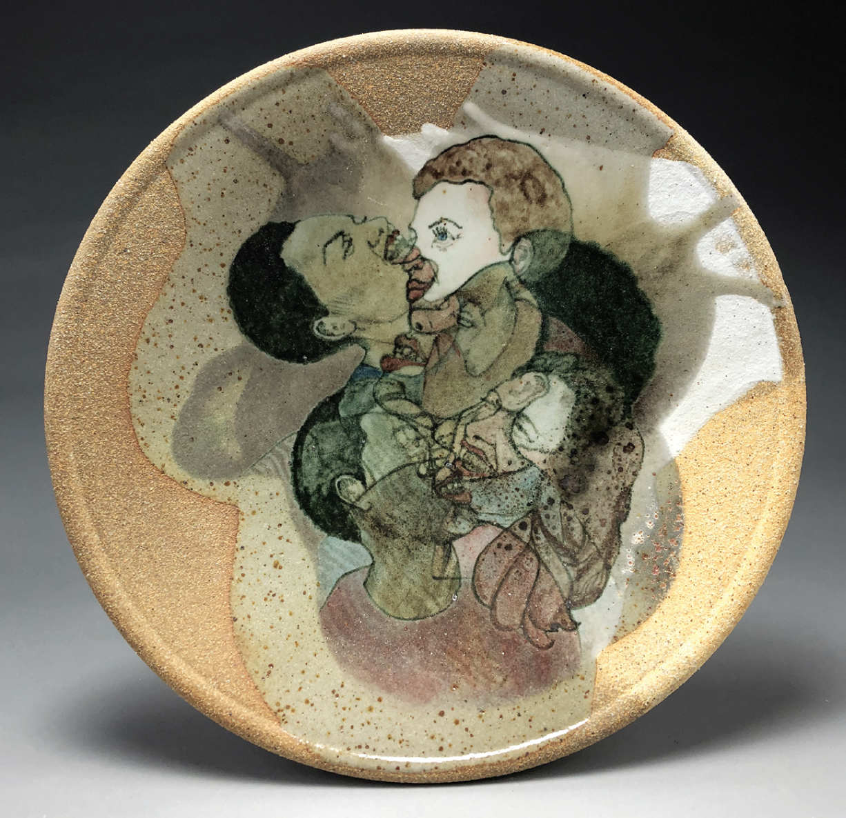 9 Jennifer Graff’s Rejoice (serving bowl), 11 in. (28 cm) in height, stoneware, white slip, underglaze, fired to cone 7 in reduction, 2021.