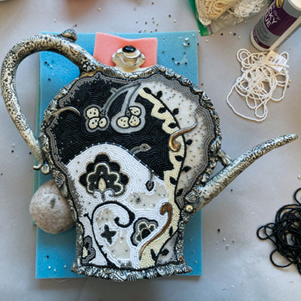 16 Black and White Tea (in progress), 14 in. (36 cm) in height, B-Mix clay, luster glazes, glass beads, 2022.