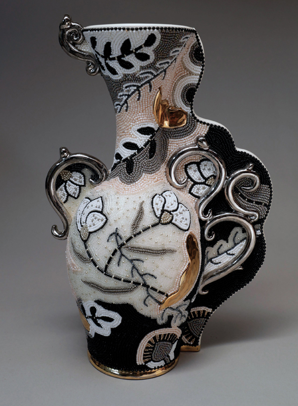 Deconstructed Vase, 11 in. (28 cm), wheel-thrown and handbuilt china clay, fired in an electric kiln to cone 05, luster glazes, glass beads, 2020. 
