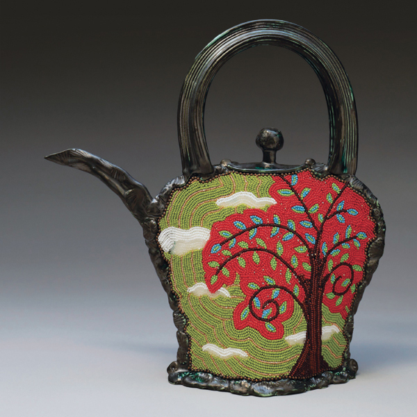 Red Oak Tea, 14 in. (36 cm) in height, handbuilt Laguna Clay’s B-Mix clay, fired in an electric kiln to cone 6, luster glazes, glass beads, 2021.